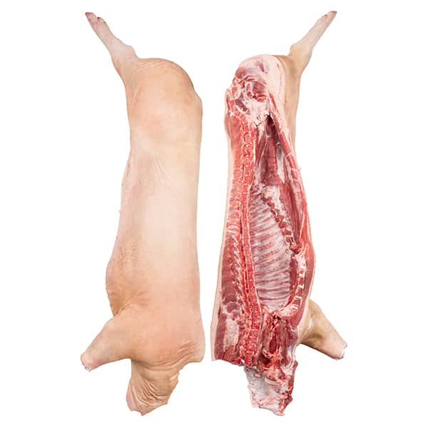 pork carcass cut in half with skin on